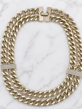 Gold Tone Multi Cuban Link Statement Necklace Rhinestone Accent NWOT